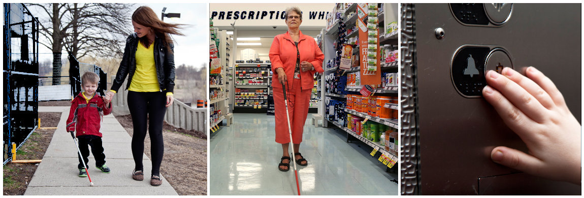 Collage - Image 1: Child using a white cane, guided by an adult; Image 2: Woman using a white cane in a store; Image 3: Person reading Brailled elevator buttons.